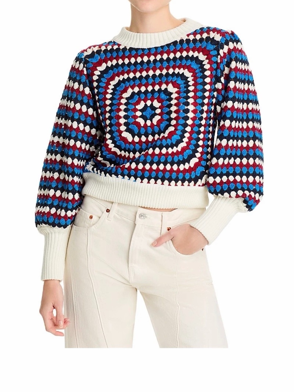 Farm Rio Crocheted Balloon Sleeve Sweater size XS  Crewneck in Blue, Red & White